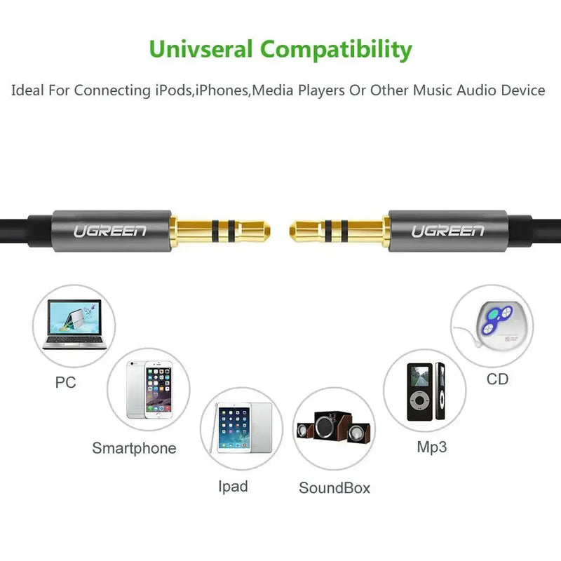 UGREEN 1M 3.5mm Male to Male Audio Cable 24K Gold Plated Aluminum Shell AUX Stereo Cable Car Headphone Speaker 10733 Ugreen