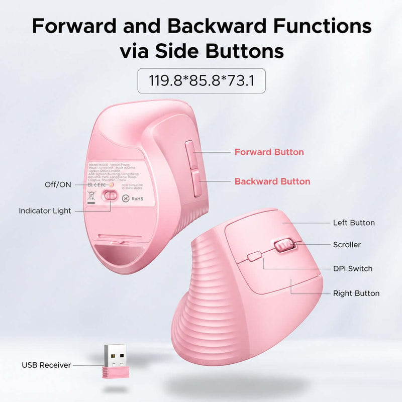 UGREEN 65666 dual-mode vertical mouse, 4000 DPI, pink, forward and backward side buttons