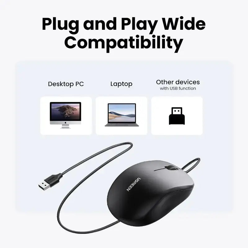 GREEN USB Wired Optical Mouse 3 Button 1200DPI 1.5M Cable Computer Mouse Laptop Desktop PC Gaming Office Mouse 90789 Ugreen