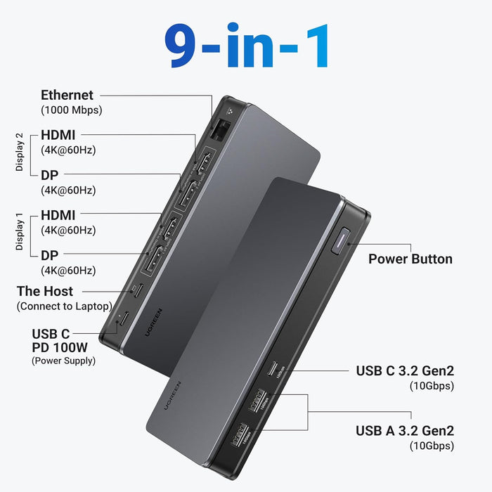 Ugreen 9 In 1 Usb C Multifunctional Adapter With Dual Monitor 2*4K@60Hz Hdmi, 2*DisplayPort 4k@60Hz, Gigabit Ethernet,100W Usb C PD, Usb C 3.2 Gen 2, 2* Usb A 3.2 Gen 2 Port, Host, Power Button (90912)