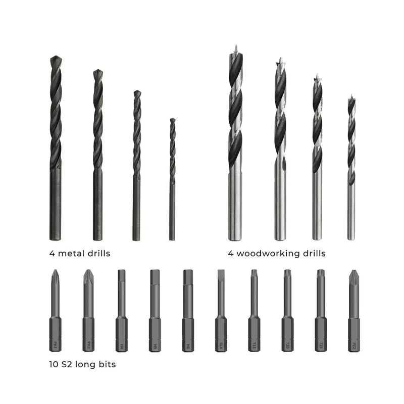 HOTO Cordless Brushless Electric Drill | 30 N·m Torque, 1400 RPM, USB-C Rechargeable, 18-Piece Bit Set – Home DIY, Wood & Metal Drilling Kit - Hoto India