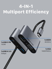 CABLETIME USB Type C to HDMI VGA Adapter 4 IN 1 Hub with Power Delivery | CB41G