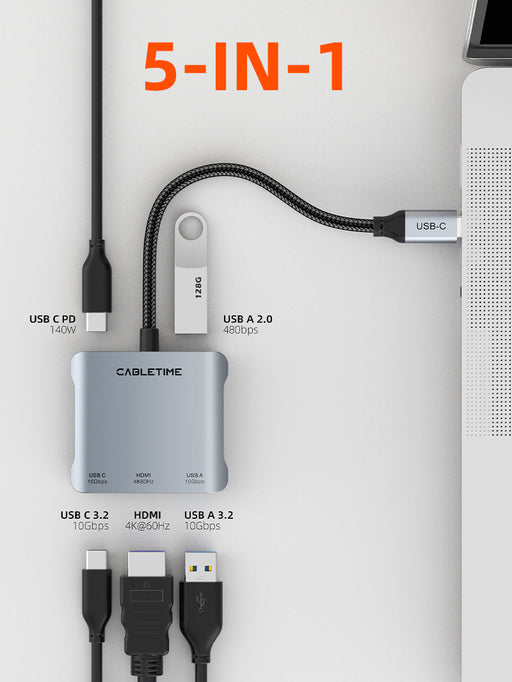 CABLETIME 10Gbps 5 IN 1 USB C Hub with HDMI 4K 60Hz 140w Power Delivery | CB75G