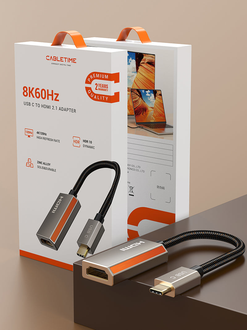 CABLETIME CP15A CT-CMHF8K-ZG USB-C to HDMI 2.1 adapter retail box and product