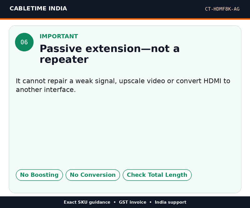 CABLETIME CT-HDMF8K-AG — Important — Passive extension—not a repeater