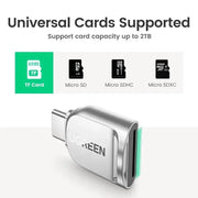 UGREEN USB-C Micro SD Card Reader OTG TF Adapter Zinc Alloy Android iPadOS Windows MacOS Linux Silver (15513) Ugreen