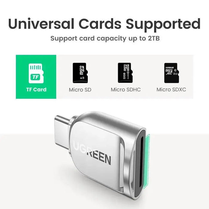 UGREEN USB-C Micro SD Card Reader OTG TF Adapter Zinc Alloy Android iPadOS Windows MacOS Linux Silver (15513)
