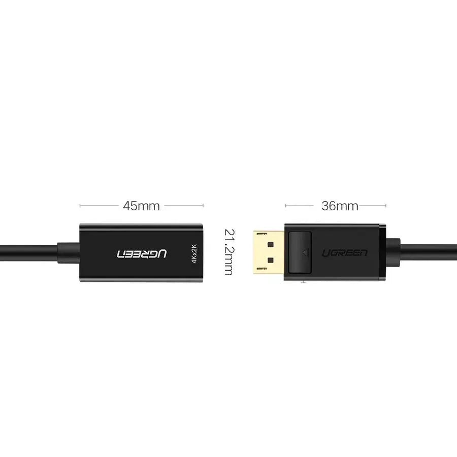 UGREEN 40362 adapter connector dimensions with HDMI housing 45mm and DisplayPort housing 36mm