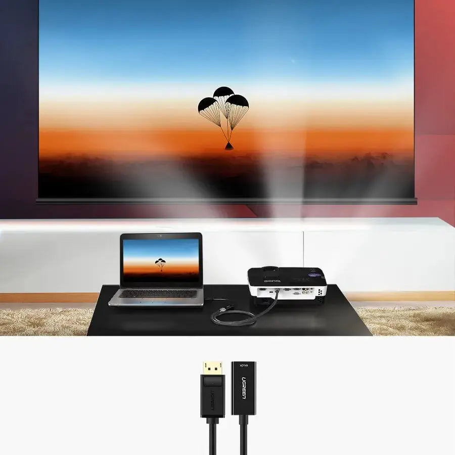 UGREEN 40362 DisplayPort to HDMI converter connecting a laptop to an HDMI projector