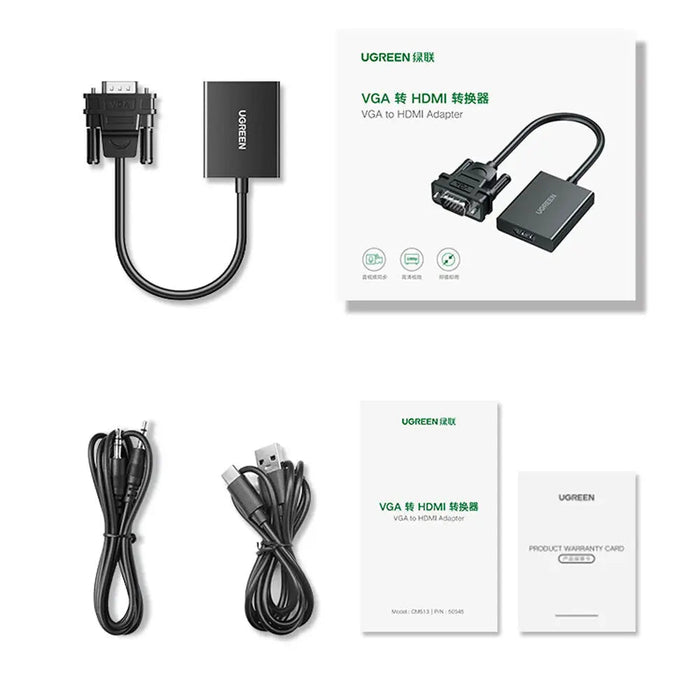 UGREEN VGA to HDMI Converter Adapter Male to Female 1080P 60Hz Video Audio Sync USB-C Power 3.5mm Audio Cable 1M (50945)