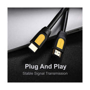 UGREEN 10129 black and yellow HDMI connectors beside a display