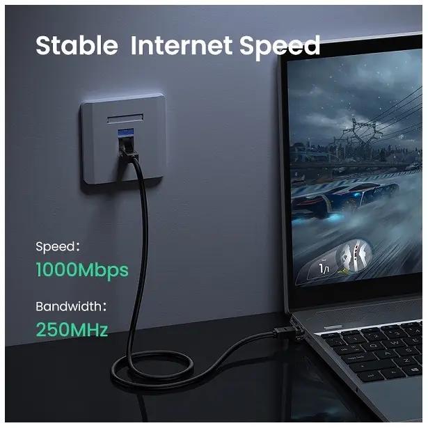 UGREEN Cat6 cable connecting a laptop to an Ethernet wall port with 1000Mbps and 250MHz specifications