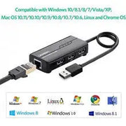 UGREEN USB Ethernet Adapter 100Mbps RJ45 Network 3-Port USB 2.0 Hub Laptop MacBook Windows Linux Switch Wired Internet 20264 Ugreen