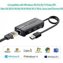 UGREEN USB Ethernet Adapter 100Mbps RJ45 Network 3-Port USB 2.0 Hub Laptop MacBook Windows Linux Switch Wired Internet 20264 Ugreen