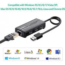UGREEN USB Ethernet Adapter 100Mbps RJ45 Network 3-Port USB 2.0 Hub Laptop MacBook Windows Linux Switch Wired Internet 20264