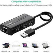 UGREEN USB Ethernet Adapter 100Mbps RJ45 Network 3-Port USB 2.0 Hub Laptop MacBook Windows Linux Switch Wired Internet 20264 Ugreen