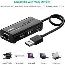 UGREEN USB Ethernet Adapter 100Mbps RJ45 Network 3-Port USB 2.0 Hub Laptop MacBook Windows Linux Switch Wired Internet 20264
