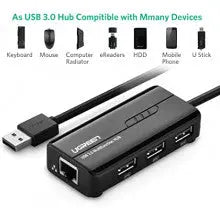 UGREEN USB Ethernet Adapter 100Mbps RJ45 Network 3-Port USB 2.0 Hub Laptop MacBook Windows Linux Switch Wired Internet 20264
