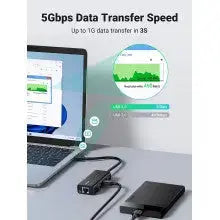 UGREEN USB Ethernet Adapter Gigabit 1000Mbps RJ45 Network 3-Port USB 3.0 Hub Laptop PC MacBook Windows Linux Wired Internet 20265 Ugreen