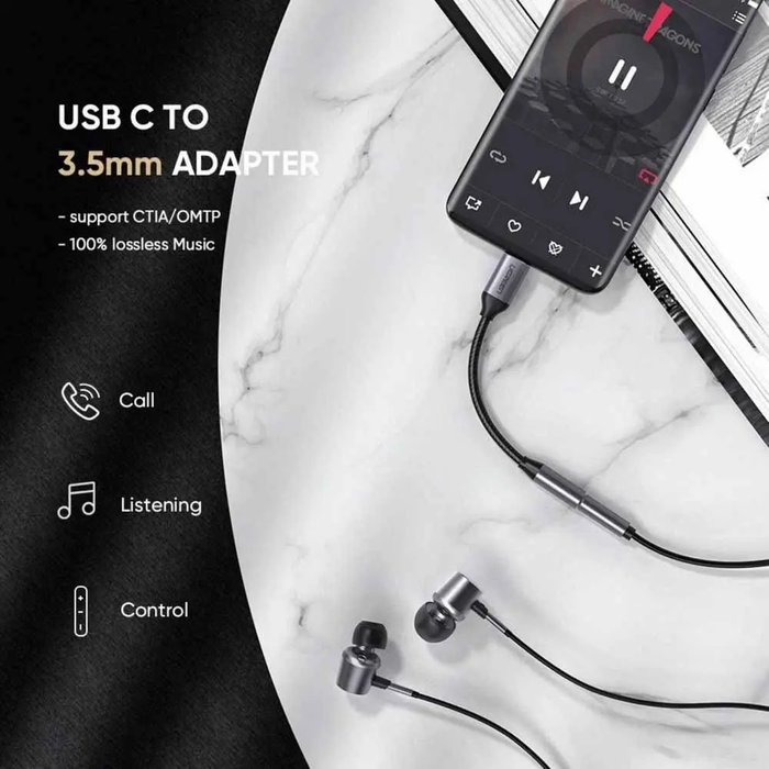 UGREEN USB C to 3.5mm Headphone Adapter Male to Female Jack Mi 11 Ultra P40 Pro P30 Pro OnePlus 9 8 Pro 10cm Cable (30632) Ugreen