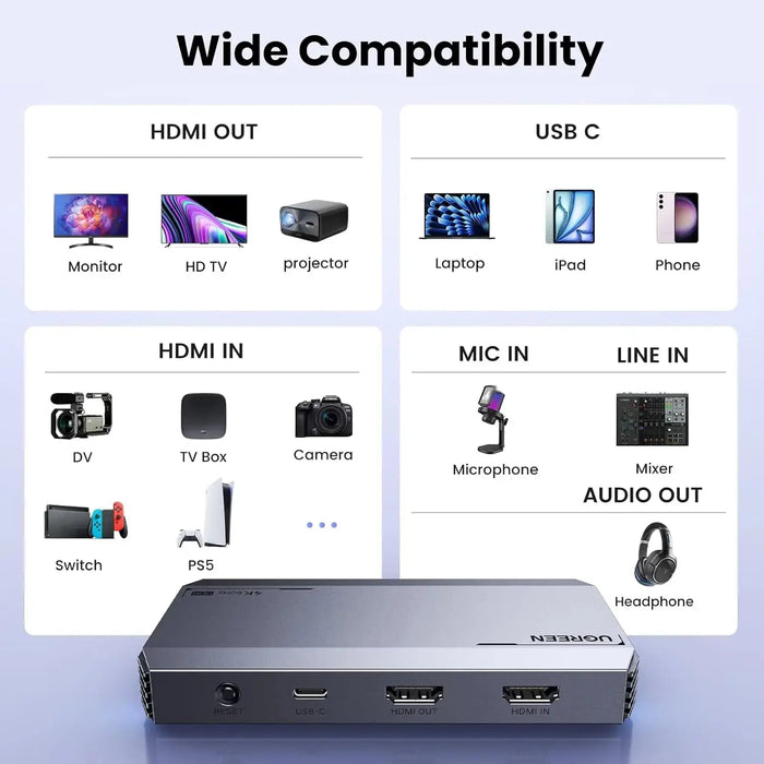 UGREEN 4K@60Hz Capture Card, Ultra HD HDMI Video Capture Card 1080P@240Hz USB 3.0 Ultra-Low Latency with VRR and HDR for Streaming, Gaming, Recording Compatible with iPad, Switch, PS5, Xbox, PC, Mac (25173) TeckPot