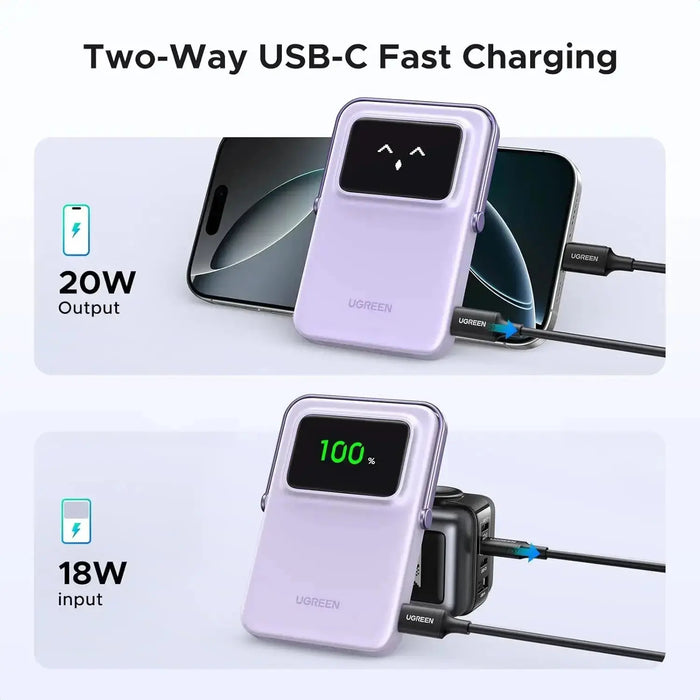 UGREEN Uno Magsafe Power Bank 5000mAh Magnetic Battery Pack 20W Fast Charging Portable Charger with Foldable Stand Emoji TFT Display Powerbank for iPhone 16 Pro Max/15 Plus/14/13/12 Series, Purple (35606) TeckPot