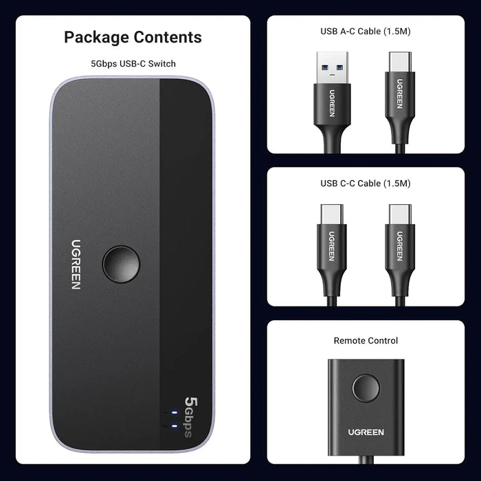 UGREEN 5Gbps USB C Switch 2 PCs Sharing 4 USB Devices for 2 Computers Sharing Keyboard, Mouse, Webcam, Printer with 2 USB C Data Cables and Remote (25098) TeckPot