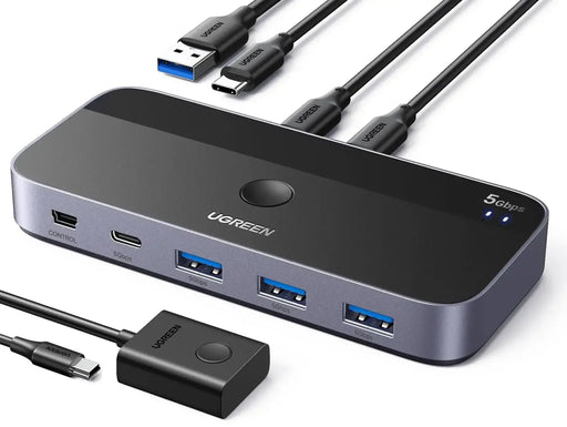 UGREEN 5Gbps USB C Switch 2 PCs Sharing 4 USB Devices for 2 Computers Sharing Keyboard, Mouse, Webcam, Printer with 2 USB C Data Cables and Remote (25098) TeckPot