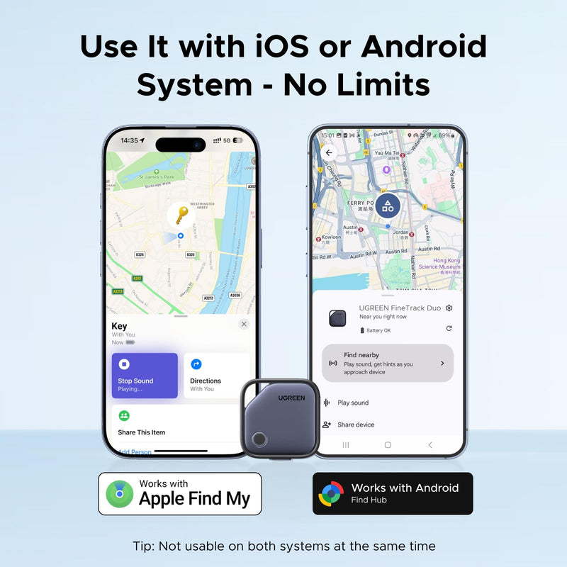 UGREEN Finder Pro supports either Apple Find My or Google Find Hub, one at a time