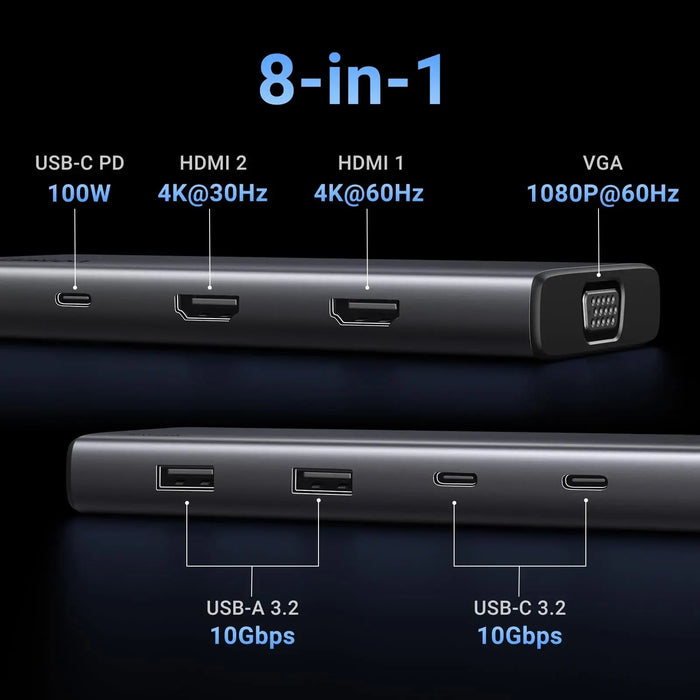 UGREEN 8-in-1 USB C 4K Docking Station Dual Monitor Triple Display Hub 2 HDMI VGA 2 USB A C 100W PD MacBook Dell HP (35588)