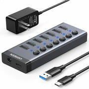 UGREEN 7-Port USB 3.0 Hub Independent Switch 24W Power Supply 12V/2A Charging Data Transfer MacBook Surface Pro7 (90307) Ugreen