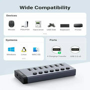 UGREEN 7-Port USB 3.0 Hub Independent Switch 24W Power Supply 12V/2A Charging Data Transfer MacBook Surface Pro7 (90307) Ugreen