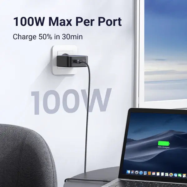 UGREEN 100W 4-Port 3C1A GaN Fast PD Charger Laptop Tablet Phone Desktop USB-C Wall Charger Multi Device Charging (40747)
