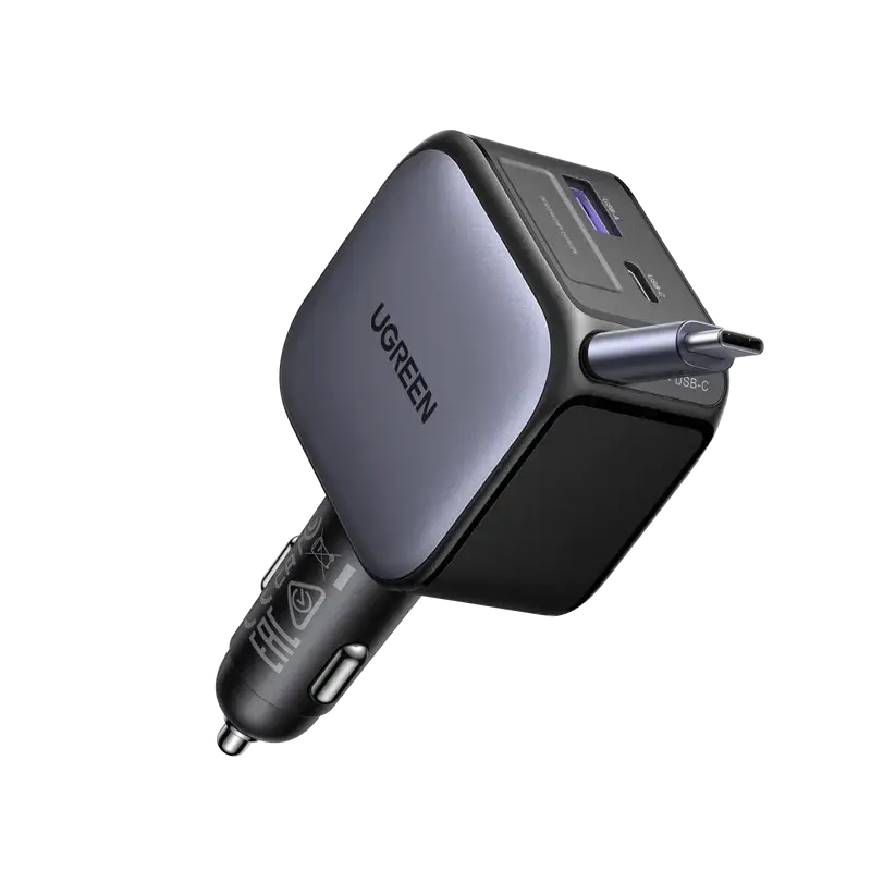 UGREEN Nexode 90W Car Charger with Retractable USB-C Cable | 3-Port Fast Car Charger for Phones, Tablets & Laptops (55909B) TeckPot