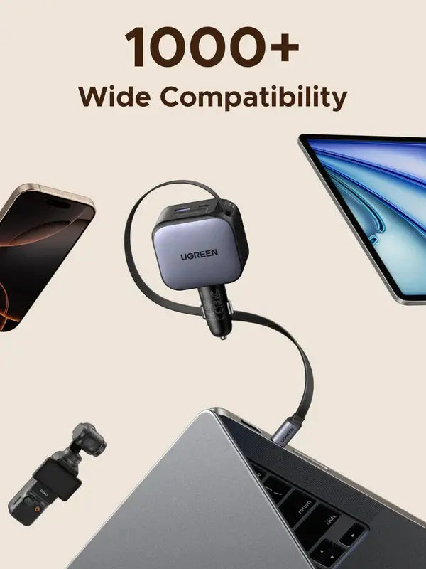UGREEN Nexode 90W Car Charger with Retractable USB-C Cable | 3-Port Fast Car Charger for Phones, Tablets & Laptops (55909B) TeckPot
