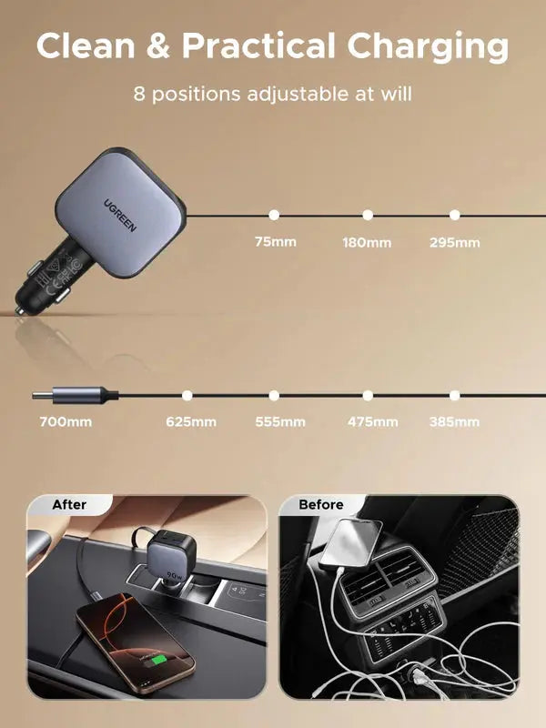 UGREEN Nexode 90W Car Charger with Retractable USB-C Cable | 3-Port Fast Car Charger for Phones, Tablets & Laptops (55909B) TeckPot
