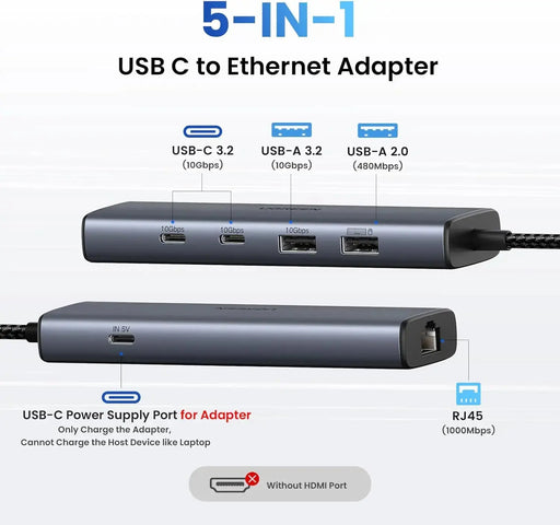 UGREEN USB C to Ethernet Adapter, 10Gbps 5 in 1 USB C Hub Ethernet with 2* USB-C 3.2, USB-A 3.2/2.0, Gigabit RJ45 for Laptop, Type C (Thunderbolt 4/3 Compatible) to Network for MacBook, XPS, iPad Pro(45320) TeckPot