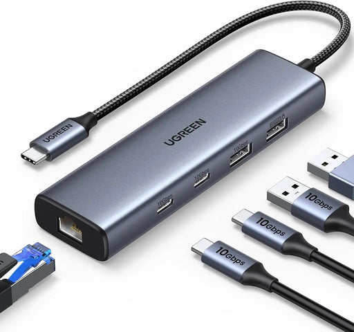 UGREEN USB C to Ethernet Adapter, 10Gbps 5 in 1 USB C Hub Ethernet with 2* USB-C 3.2, USB-A 3.2/2.0, Gigabit RJ45 for Laptop, Type C (Thunderbolt 4/3 Compatible) to Network for MacBook, XPS, iPad Pro(45320) TeckPot