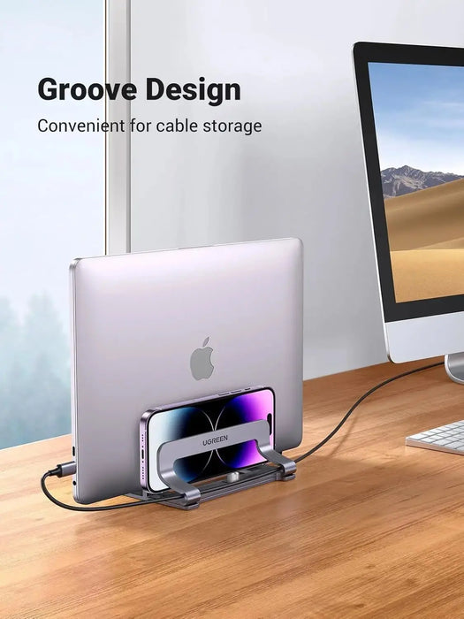 UGREEN Vertical Laptop Stand for Desk Dual Slot Laptop Stand Holder Adjustable Dock Aluminum Desktop Stand Compatible for MacBook Air Pro, Microsoft Surface Laptop 4, LG Gram 17, Lenovo Yoga 7i, Grey (60643) TeckPot