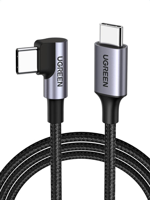 Ugreen 1m USB-C Male To Angled USB2.0-C Male 60W Round Cable Aluminum Shell Nickel Plating Nylon Braided- Gray/Black (50123)