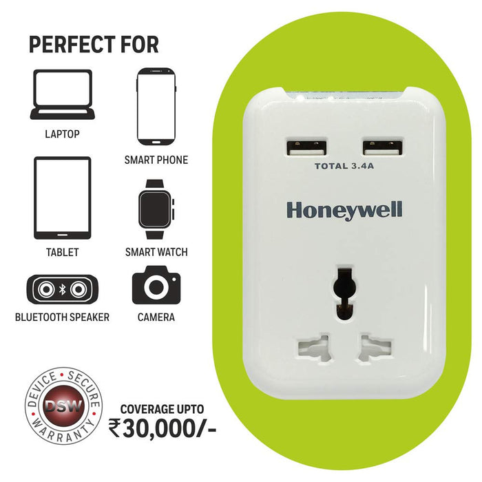 HONEYWELL HC000011 Travel Surge- Single Socket With 2 X USB Platinum Series-White