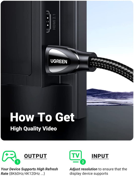 UGREEN 80404, 8K HDMI Cable Ultra HD High Speed 48Gbps HDMI 2.1 8K@60Hz, eARC Nylon Braided (10FT)