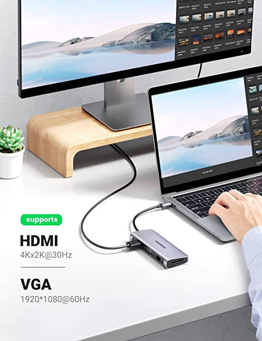 UGREEN 80133 USB 10 in 1 Type C Hub with Ethernet,4K USB C to HDMI,VGA,PD,3 USB 3.0 Ports, USB C to 3.5mm, SD/TF Cards Reader