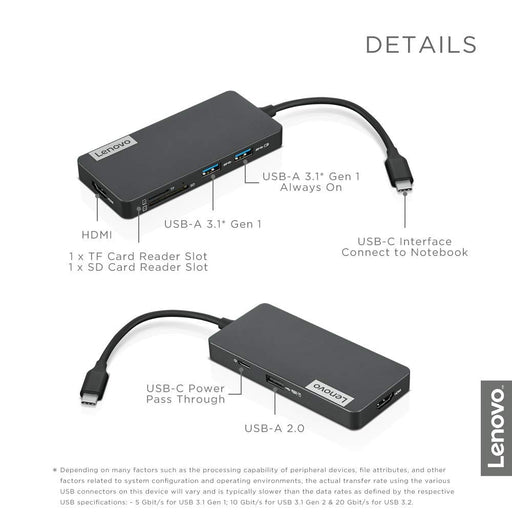 Lenovo USB-C 7-in-1 Travel Hub 2xUSB 3.0, 1xUSB 2.0, 1xHDMI™ 1.4, 1xTF Card Reader, 1xSD Card Reader, 1xUSB-C Charging Port