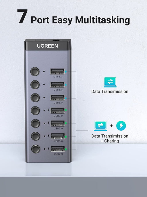 UGREEN 90307 7 Port USB 3.0 Powered Hub With 4 Fast Charge Slots, 12V/2A Power Adapter(Gray/Black)