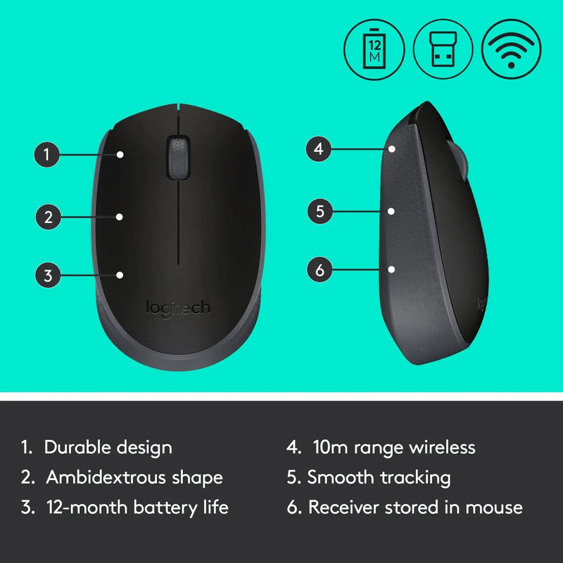 Logitech B170 2.4GHz Wireless Optical Mouse With USB Nano Receiver,12 M Battery Life, Ambidextrous, (Black) ( Open Box )