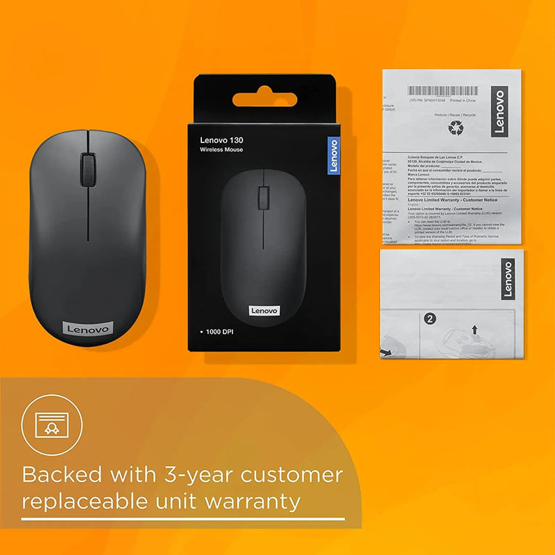 Lenovo 130 2.4GHz Wireless Compact Optical USB Mouse 1000Dpi 10M Of Battery Life 10m Range-Black(Open Box)
