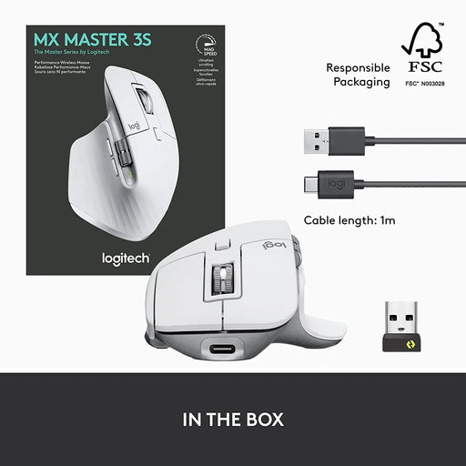 Logitech MX Master 3S Wireless Mouse With Ergo 8K DPI Track on Glass  USB-C Bluetooth-Pale Grey(Open Box)