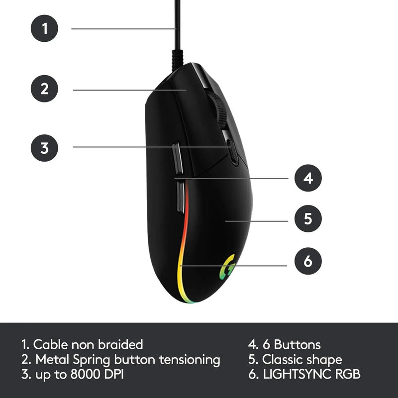Logitech G102 USB Light Sync Gaming Mouse With RGB Lighting 6 Buttons 8K DPI 16.8mn Color-Black(Open Box)