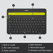 Logitech K480 Wireless Bluetooth Multi-Device Keyboard For Windows, Macos, Ipados, Android Or Chrome Os-Black(Open Box)
